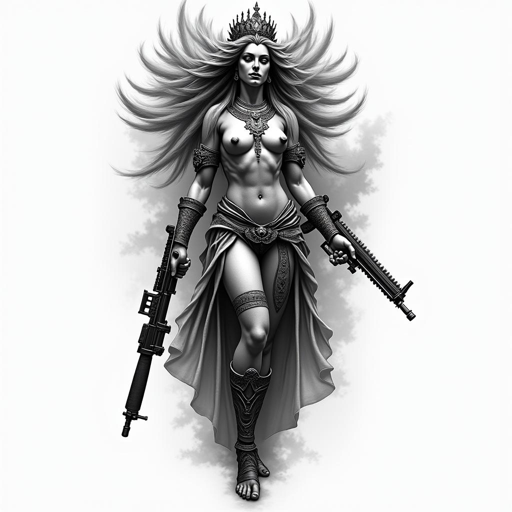 Goddess of vengeance Nemesis, burning synagogue, AK47higly detailed tattoo