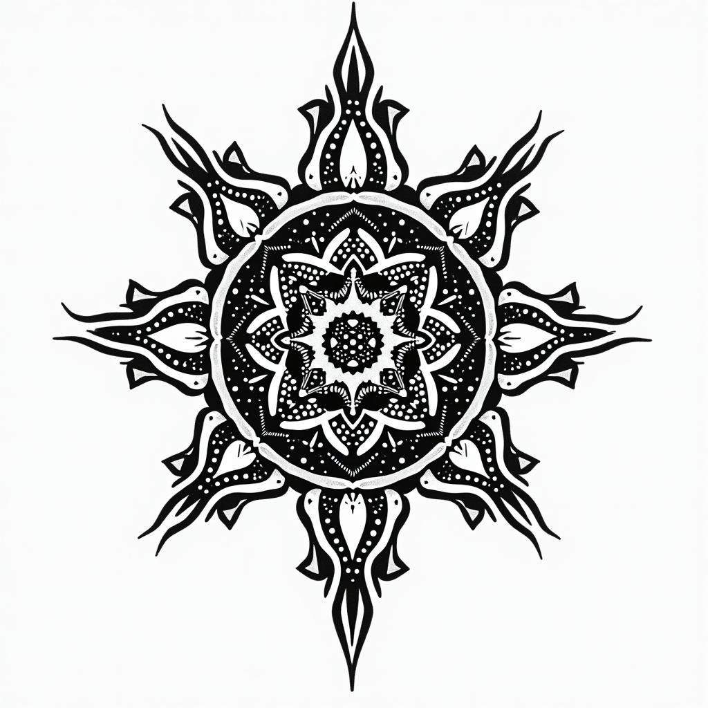 Swampin dotwork style tattoo, complex mandala patterns, interlocking geometric shapes with sharp symmetry, clean lines, sharp angles - Variation 2