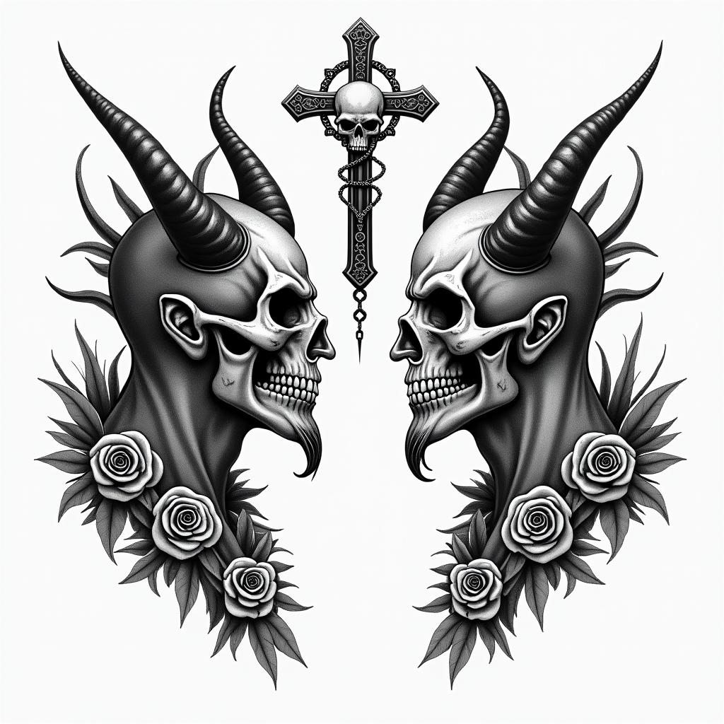 Posidon and the devil facing each other offin chicano style tattoo, featuring intricate black and grey shading, bold elements of traditional chicano culture symbols, add a big cross with skull, chains and roses - Variation 2