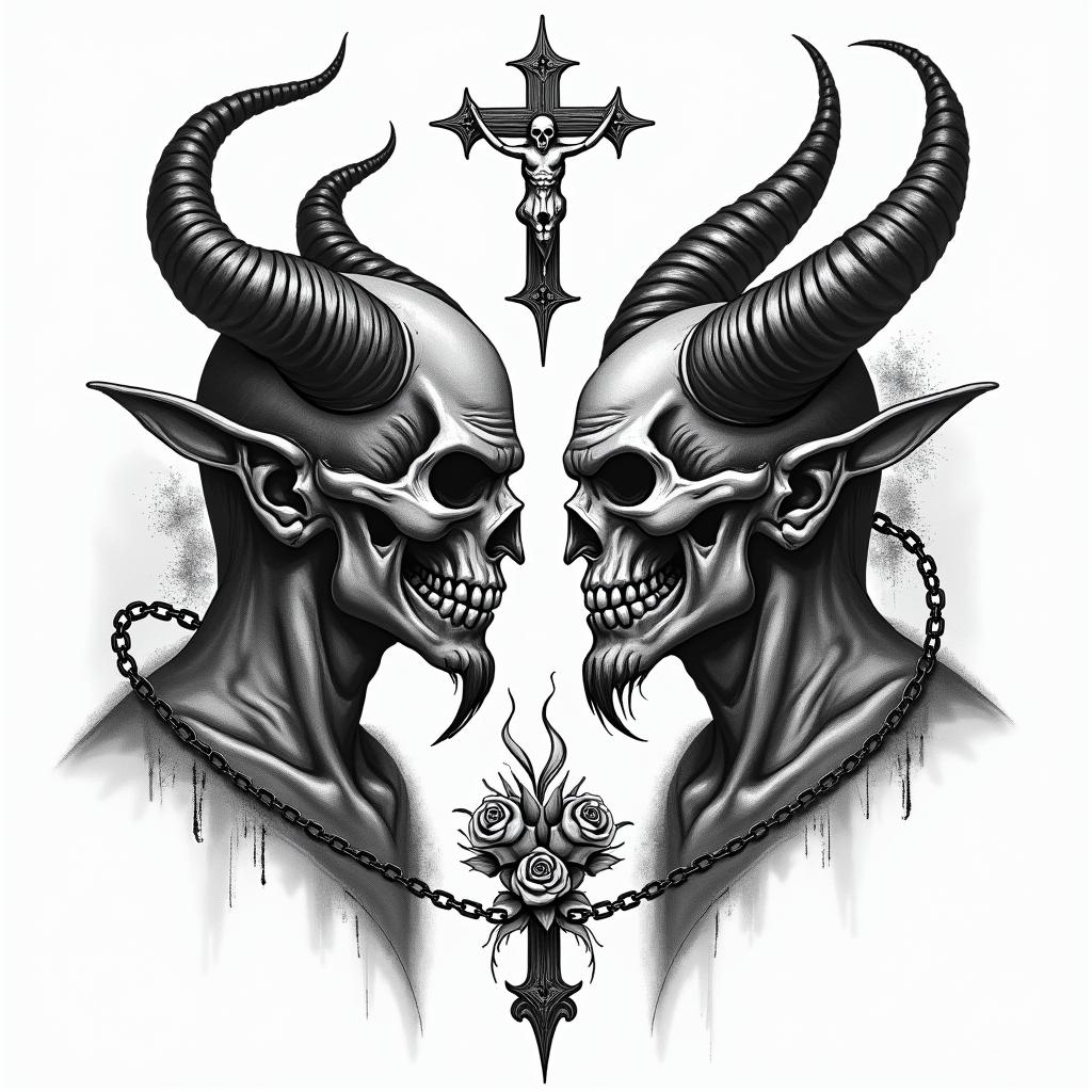 Posidon and the devil facing each other offin chicano style tattoo, featuring intricate black and grey shading, bold elements of traditional chicano culture symbols, add a big cross with skull, chains and roses - Variation 3