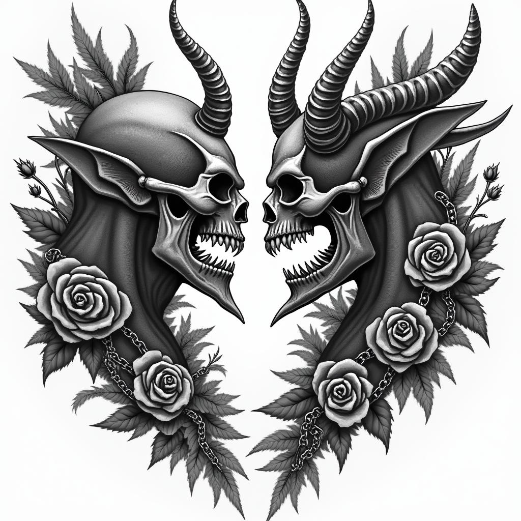 Posidon and the devil facing each other offin chicano style tattoo, featuring intricate black and grey shading, bold elements of traditional chicano culture symbols, add a big cross with skull, chains and roses