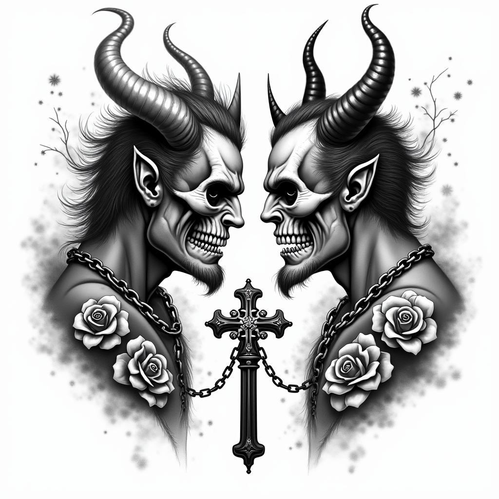 Posidon and the devil facing each other offin chicano style tattoo, featuring intricate black and grey shading, bold elements of traditional chicano culture symbols, add a big cross with skull, chains and roses - Variation 4