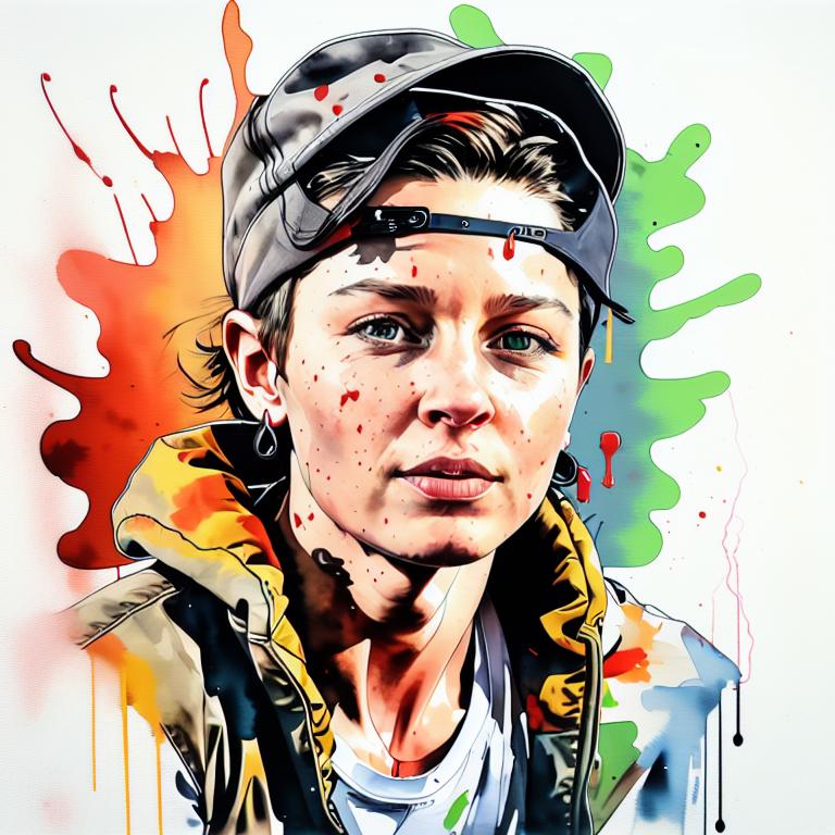  vibrant watercolor portrait with graffiti style face, fully white background, ,face with soft blending of warm and cool tones (orange, yellow, green),using shades of colors, contrast between light and shadow on the face, Bold color splashes and abstract drips in the background for a dynamic, artistic vibe, highly detailed tattoo, fully white background , dskinkpunkundefined - Variation 66