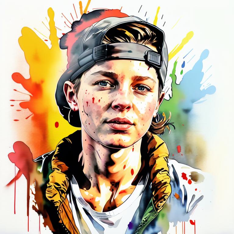  vibrant watercolor portrait with graffiti style face, fully white background, ,face with soft blending of warm and cool tones (orange, yellow, green),using shades of colors, contrast between light and shadow on the face, Bold color splashes and abstract drips in the background for a dynamic, artistic vibe, highly detailed tattoo, fully white background , dskinkpunkundefined - Variation 65