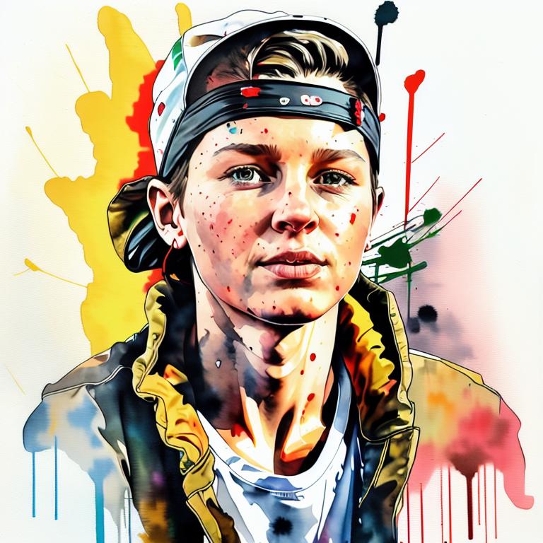  vibrant watercolor portrait with graffiti style face, fully white background, ,face with soft blending of warm and cool tones (orange, yellow, green),using shades of colors, contrast between light and shadow on the face, Bold color splashes and abstract drips in the background for a dynamic, artistic vibe, highly detailed tattoo, fully white background , dskinkpunkundefined - Variation 68