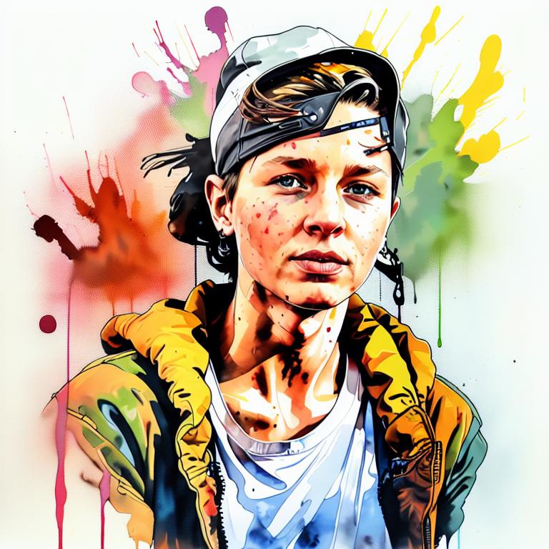  vibrant watercolor portrait with graffiti style face, fully white background, ,face with soft blending of warm and cool tones (orange, yellow, green),using shades of colors, contrast between light and shadow on the face, Bold color splashes and abstract drips in the background for a dynamic, artistic vibe, highly detailed tattoo, fully white background , dskinkpunkundefined - Variation 67