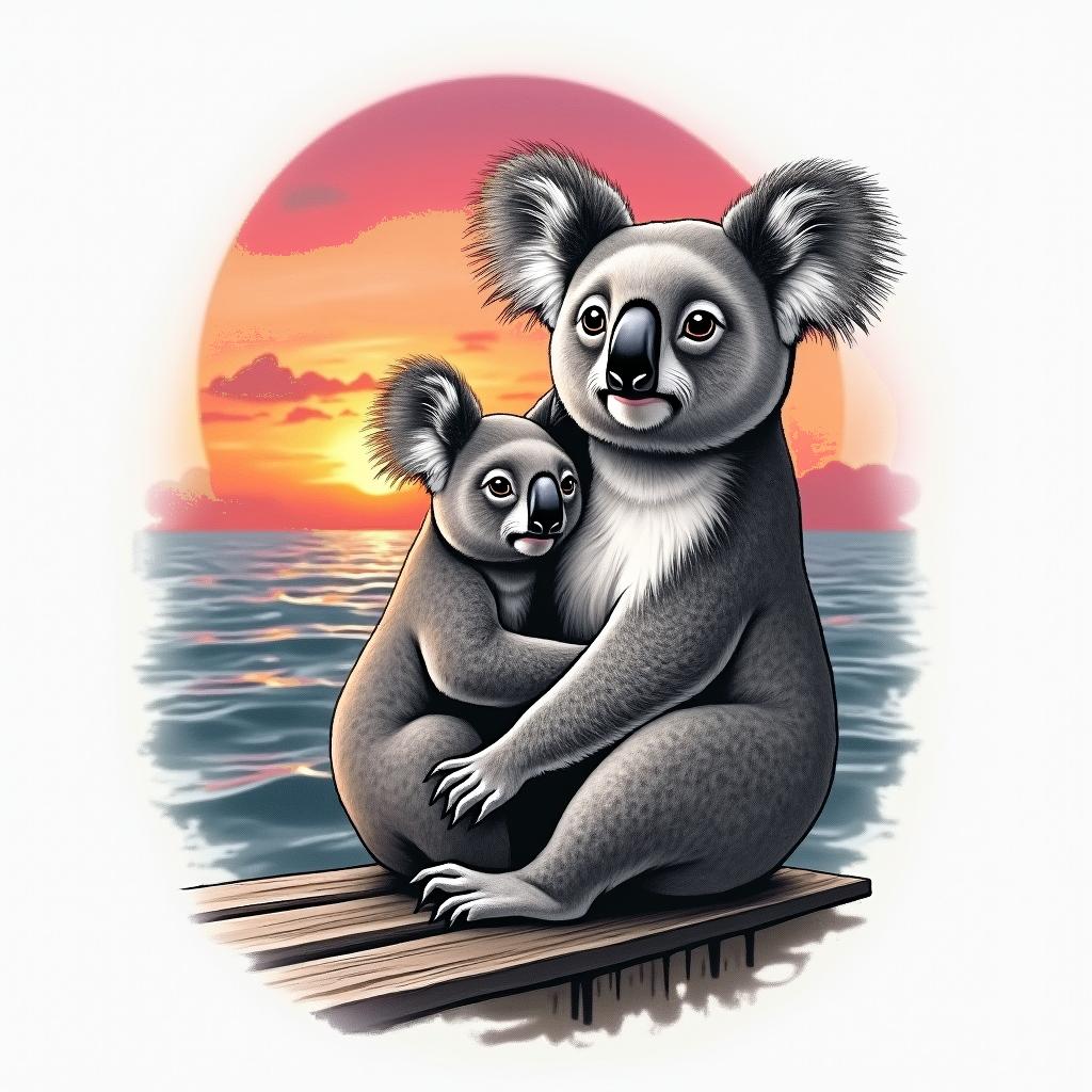 A realistic tattoo featuring an abstract representation of a koala, embodying the essence of friendship and love. In the background, depict a serene sunset with vibrant colors and soft clouds, all set at a dock by the sea, symbolizing happy times shared in Australia.higly detailed tattoo - Variation 4