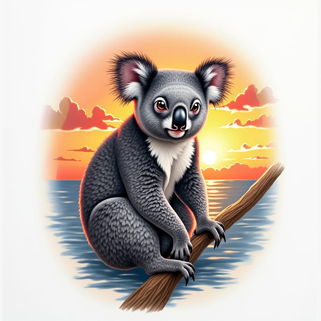 A realistic tattoo featuring an abstract representation of a koala, embodying the essence of friendship and love. In the background, depict a serene sunset with vibrant colors and soft clouds, all set at a dock by the sea, symbolizing happy times shared in Australia.higly detailed tattoo - Variation 3