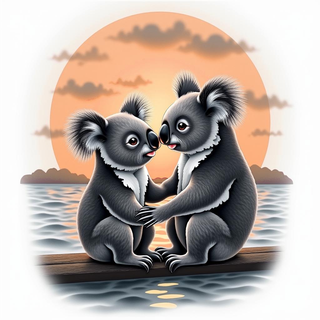A realistic tattoo featuring an abstract representation of a koala, embodying the essence of friendship and love. In the background, depict a serene sunset with vibrant colors and soft clouds, all set at a dock by the sea, symbolizing happy times shared in Australia.higly detailed tattoo
