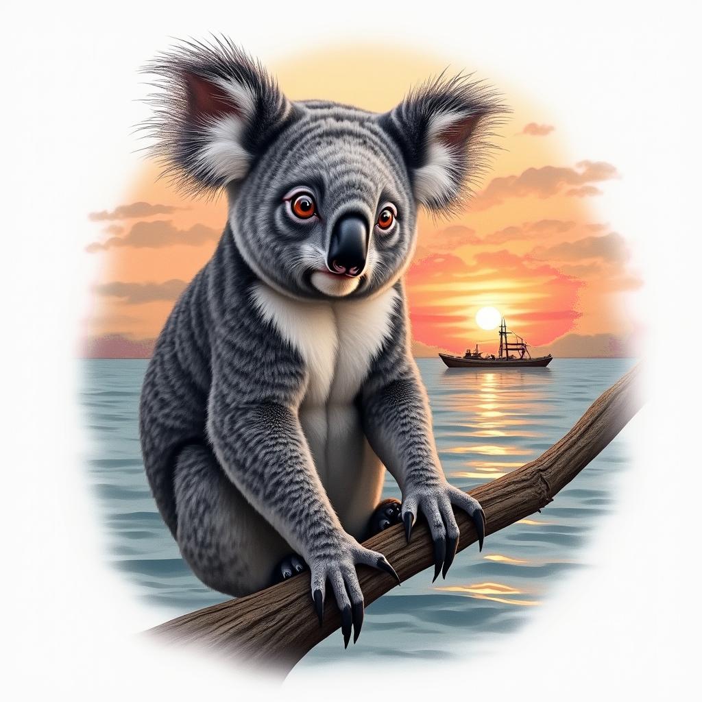 A realistic tattoo featuring an abstract representation of a koala, embodying the essence of friendship and love. In the background, depict a serene sunset with vibrant colors and soft clouds, all set at a dock by the sea, symbolizing happy times shared in Australia.higly detailed tattoo - Variation 2