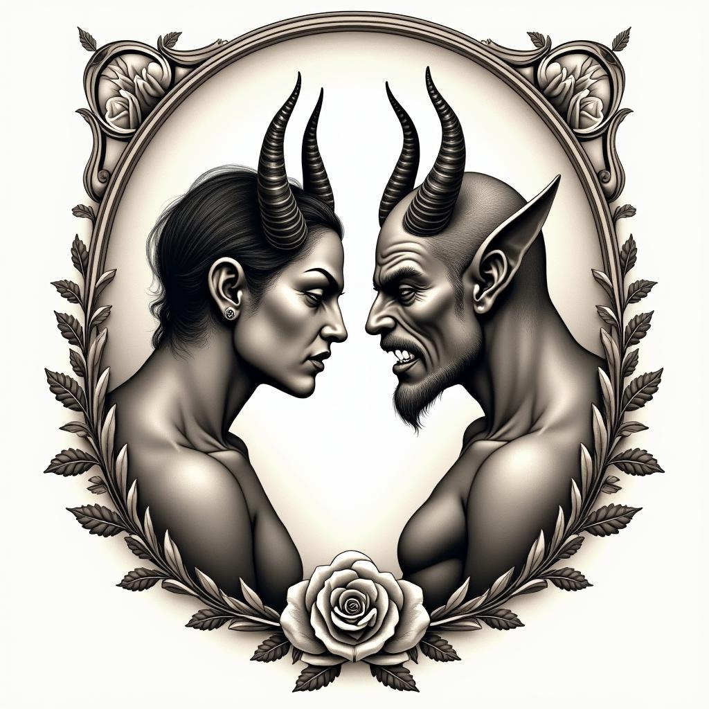 Posidon and the devil facing each other offin victorian style tattoo, featuring vintage and elegant elements, ornate frames, roses, antique, sepia-toned color scheme - Variation 4