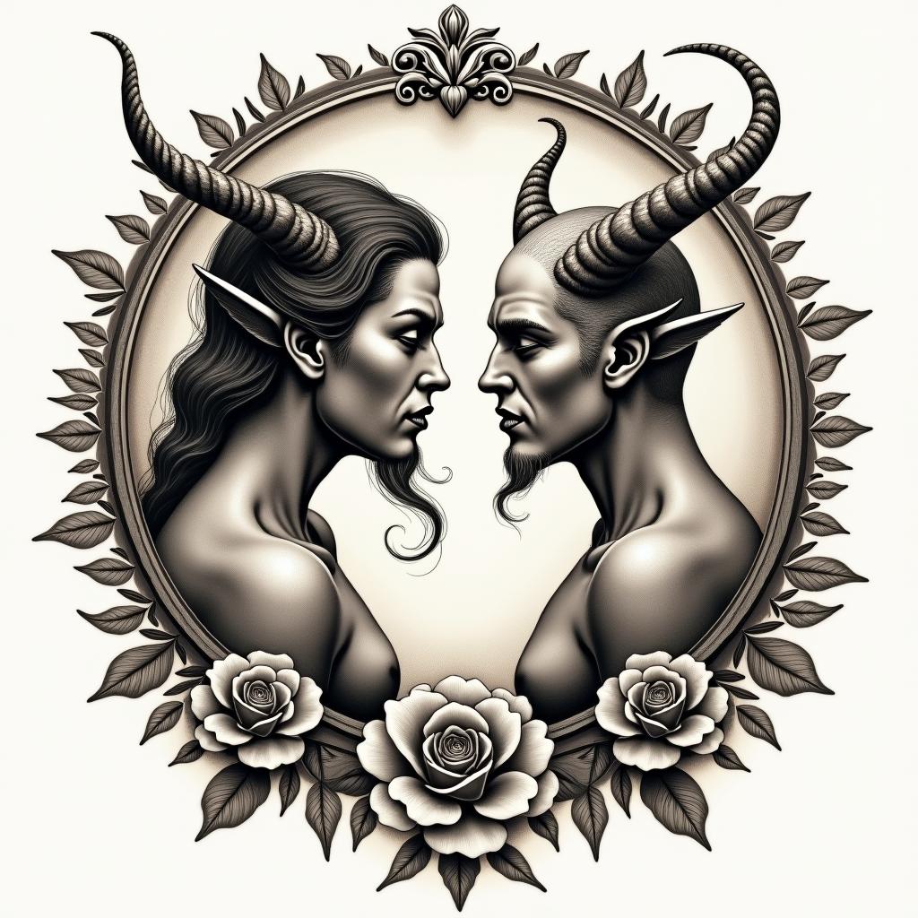 Posidon and the devil facing each other offin victorian style tattoo, featuring vintage and elegant elements, ornate frames, roses, antique, sepia-toned color scheme - Variation 3