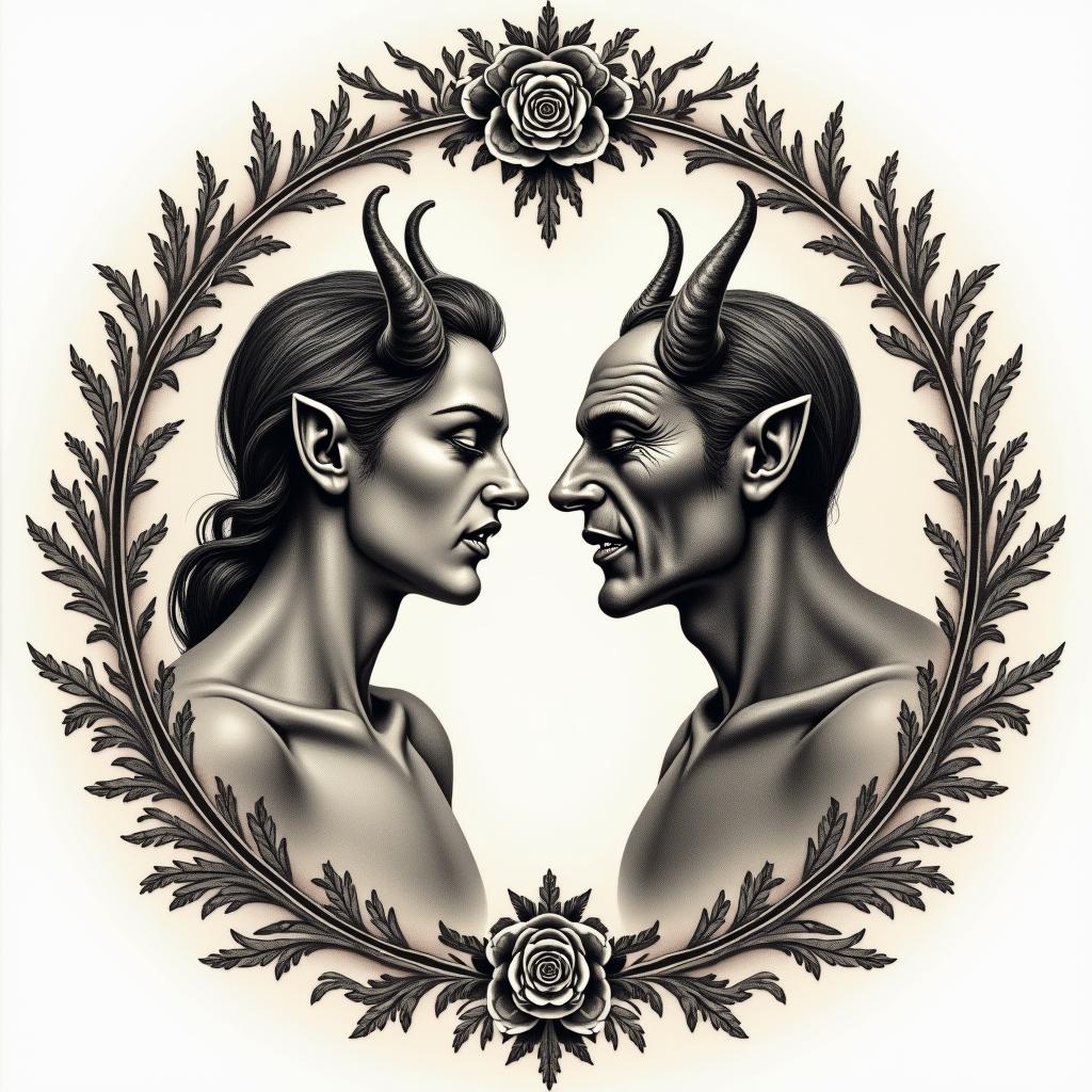 Posidon and the devil facing each other offin victorian style tattoo, featuring vintage and elegant elements, ornate frames, roses, antique, sepia-toned color scheme - Variation 2