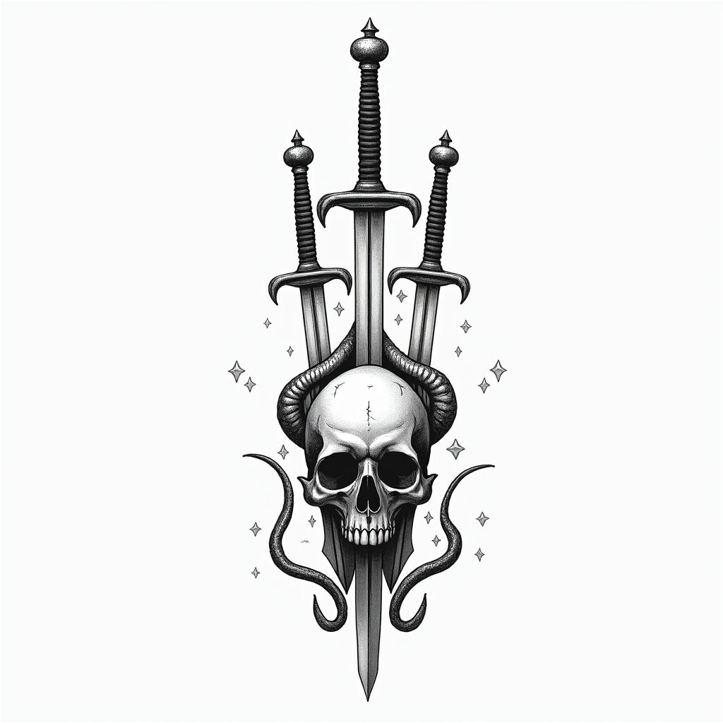 3 swords impaled a skull with 2 serpent's behindin minimalist style tattoo, featuring simple shapes and fine lines, with minimal shading and details, tiny triangles, creating a sense of balance and harmony - Variation 4
