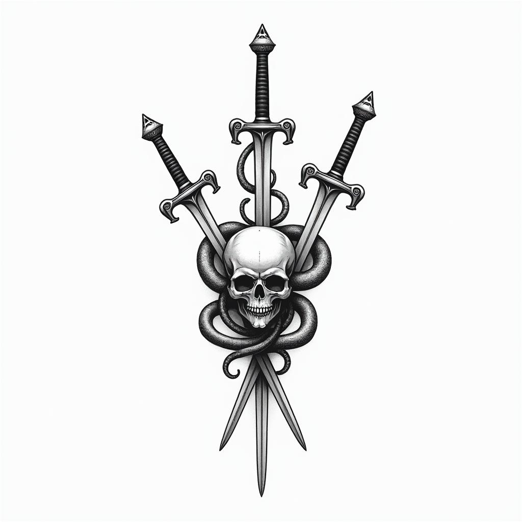 3 swords impaled a skull with 2 serpent's behindin minimalist style tattoo, featuring simple shapes and fine lines, with minimal shading and details, tiny triangles, creating a sense of balance and harmony - Variation 3