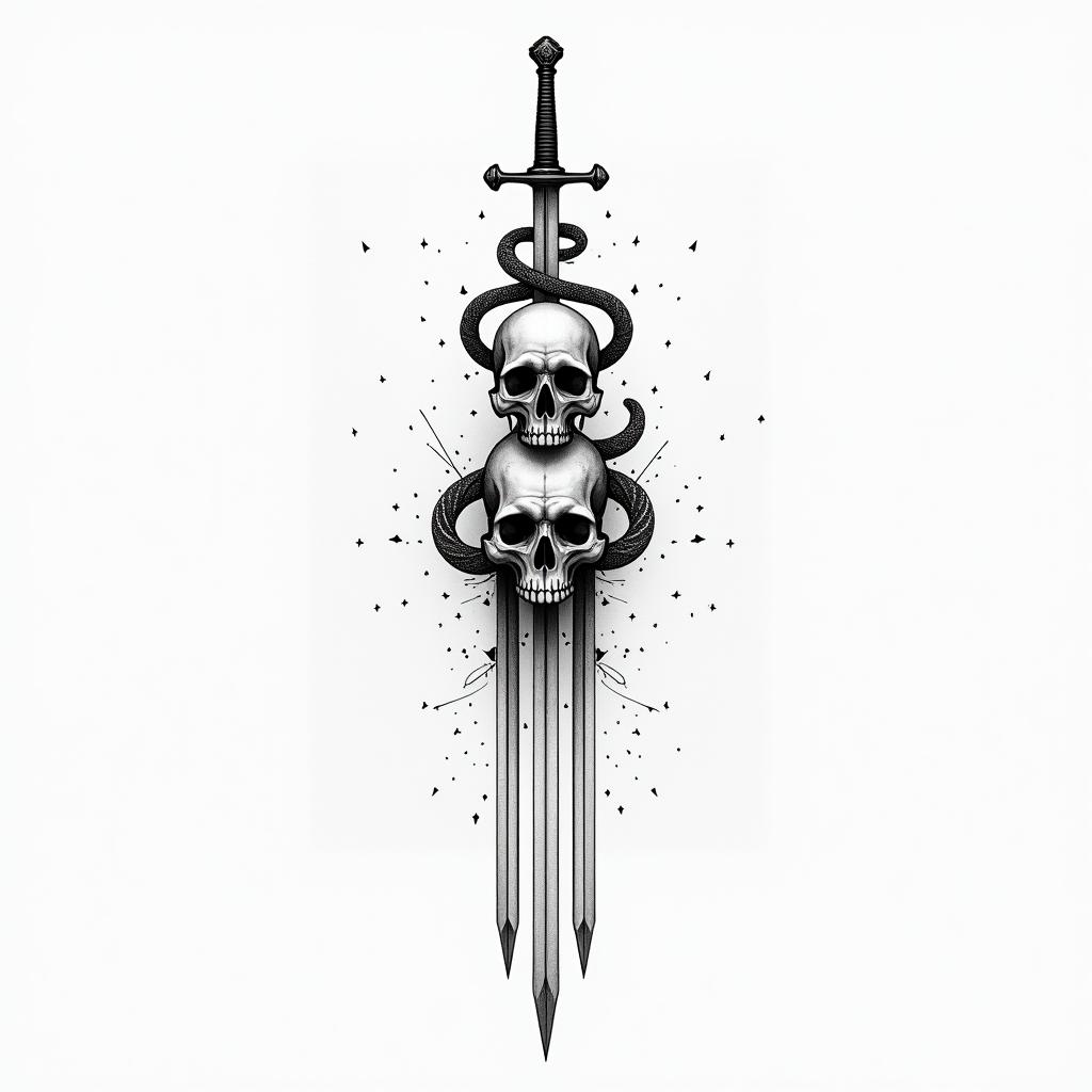 3 swords impaled a skull with 2 serpent's behindin minimalist style tattoo, featuring simple shapes and fine lines, with minimal shading and details, tiny triangles, creating a sense of balance and harmony