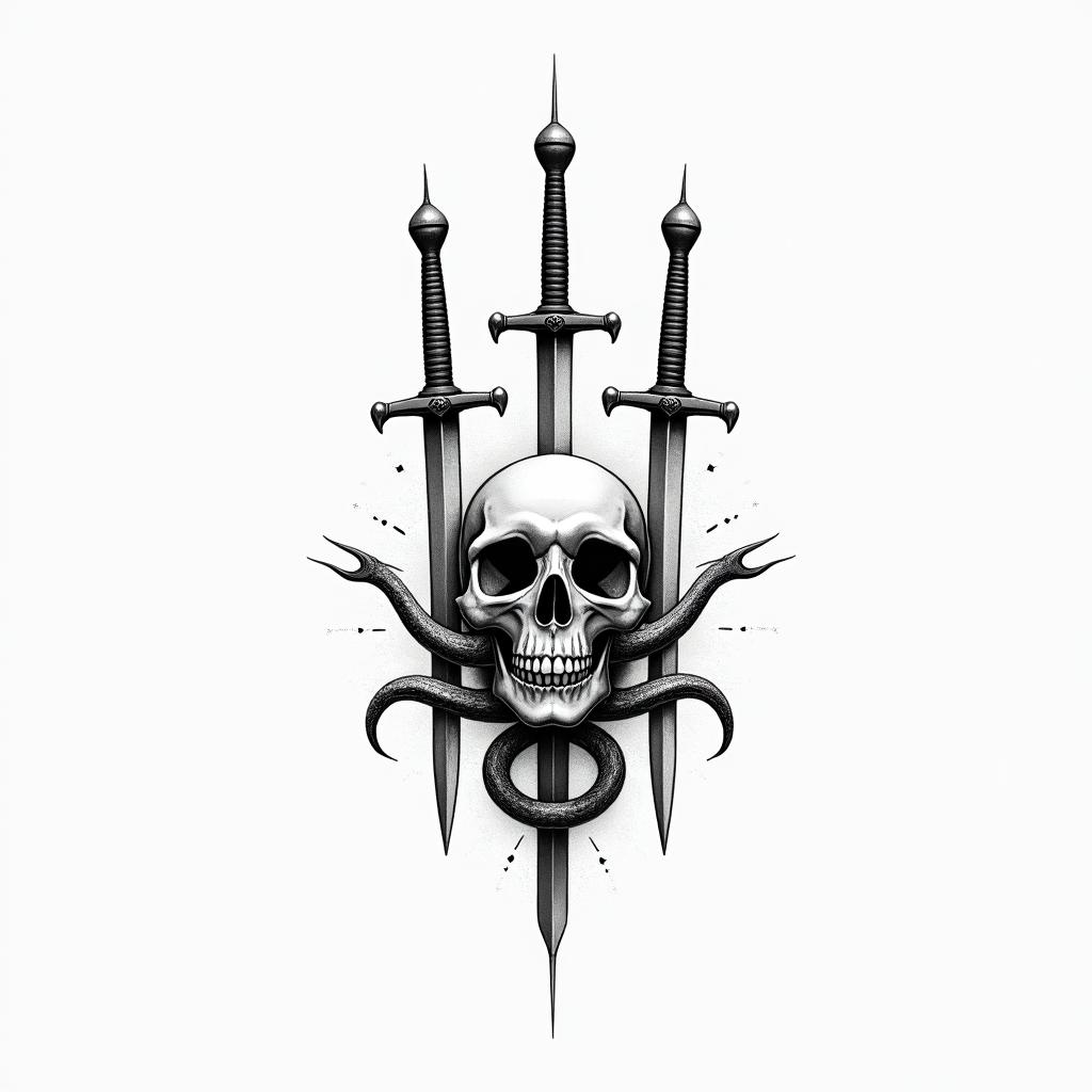 3 swords impaled a skull with 2 serpent's behindin minimalist style tattoo, featuring simple shapes and fine lines, with minimal shading and details, tiny triangles, creating a sense of balance and harmony - Variation 2