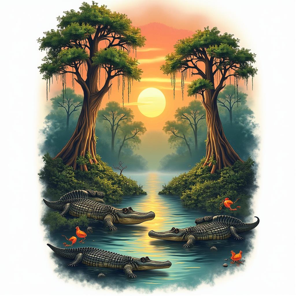 A vibrant swamp sleeve tattoo featuring lush greenery, towering cypress trees, and a variety of wildlife such as alligators, frogs, and colorful birds. The design includes a setting sun casting a warm glow over misty waters, capturing a sense of tranquility and mystery. Subtle personal motifs and quotes are woven throughout the scene, enhancing the connection to memories and experiences in the swamp environment.higly detailed tattoo - Variation 4
