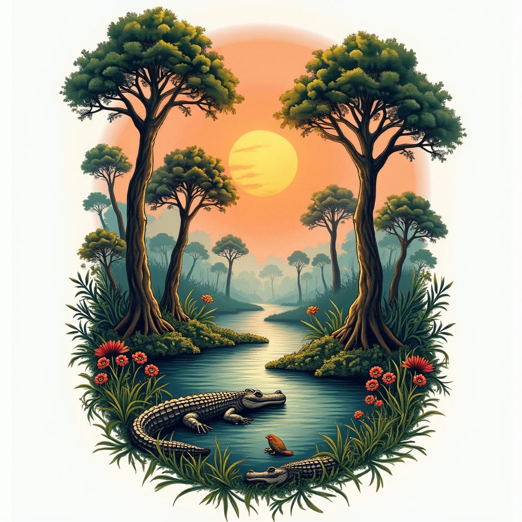 A vibrant swamp sleeve tattoo featuring lush greenery, towering cypress trees, and a variety of wildlife such as alligators, frogs, and colorful birds. The design includes a setting sun casting a warm glow over misty waters, capturing a sense of tranquility and mystery. Subtle personal motifs and quotes are woven throughout the scene, enhancing the connection to memories and experiences in the swamp environment.higly detailed tattoo - Variation 3