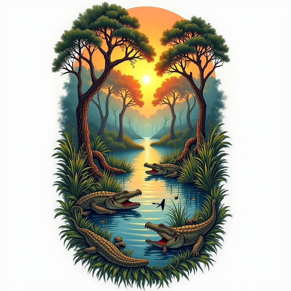 A vibrant swamp sleeve tattoo featuring lush greenery, towering cypress trees, and a variety of wildlife such as alligators, frogs, and colorful birds. The design includes a setting sun casting a warm glow over misty waters, capturing a sense of tranquility and mystery. Subtle personal motifs and quotes are woven throughout the scene, enhancing the connection to memories and experiences in the swamp environment.higly detailed tattoo - Variation 2