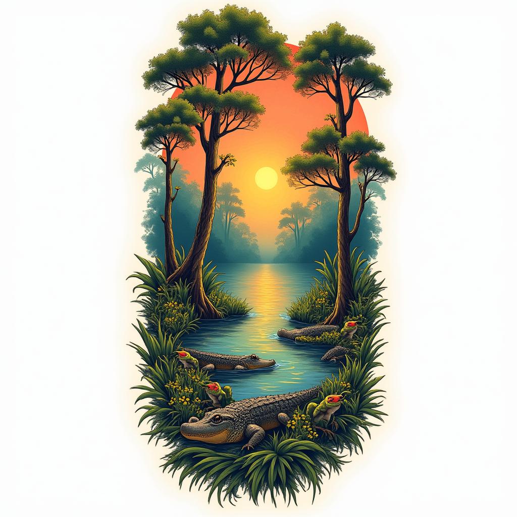 A vibrant swamp sleeve tattoo featuring lush greenery, towering cypress trees, and a variety of wildlife such as alligators, frogs, and colorful birds. The design includes a setting sun casting a warm glow over misty waters, capturing a sense of tranquility and mystery. Subtle personal motifs and quotes are woven throughout the scene, enhancing the connection to memories and experiences in the swamp environment.higly detailed tattoo