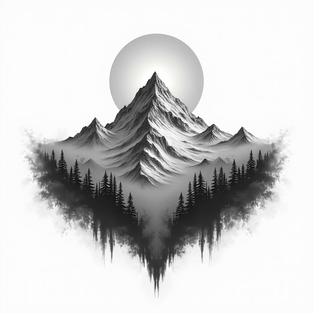 Mountain range with a rising sunhigly detailed tattoo - Variation 23