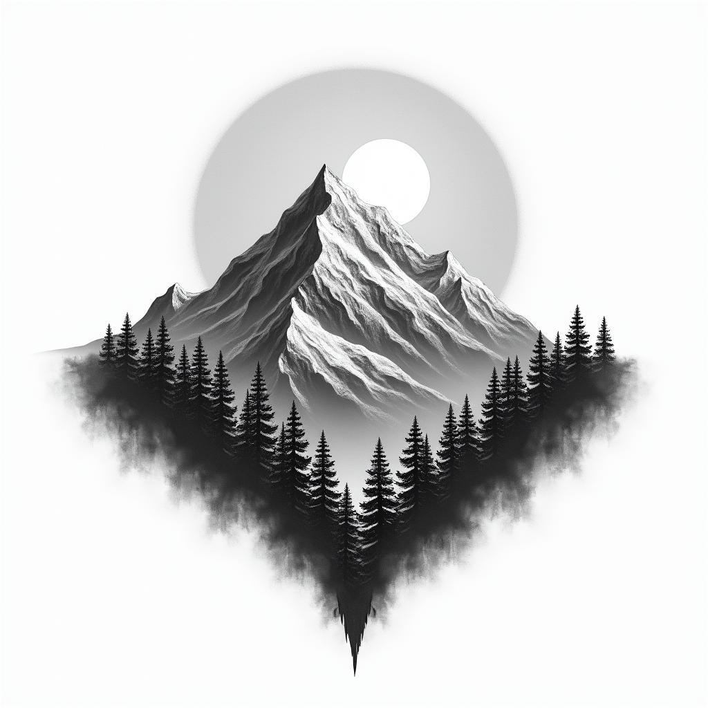 Mountain range with a rising sunhigly detailed tattoo - Variation 22
