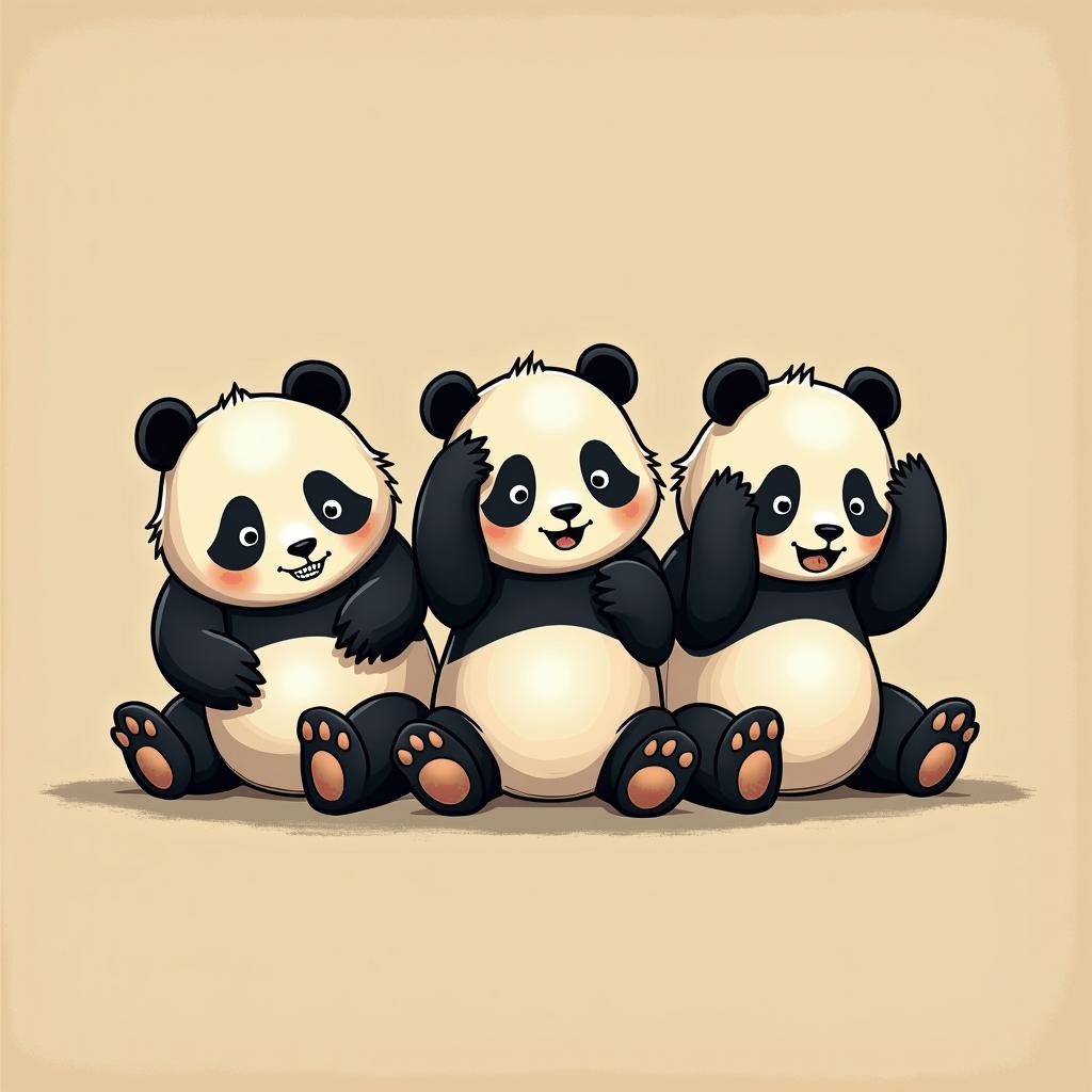 "A cartoon-style black and white tattoo design of three adorable pandas sitting side by side, each striking a different pose to represent 'hear no evil, see no evil, speak no evil': one panda playfully covering its ears, one covering its eyes, and one covering its mouth. The design should be cute, simple, and clean, with rounded features and expressive facesGhibli, Studio Ghibli aesthetic, hand-drawn anime style, retro nostalgic atmosphere, retro soft pastel color palette with earthy tones, retro Japanese cinematic shot, yellow tint effect, bald character, smooth surface, anime shadow 90's anime style