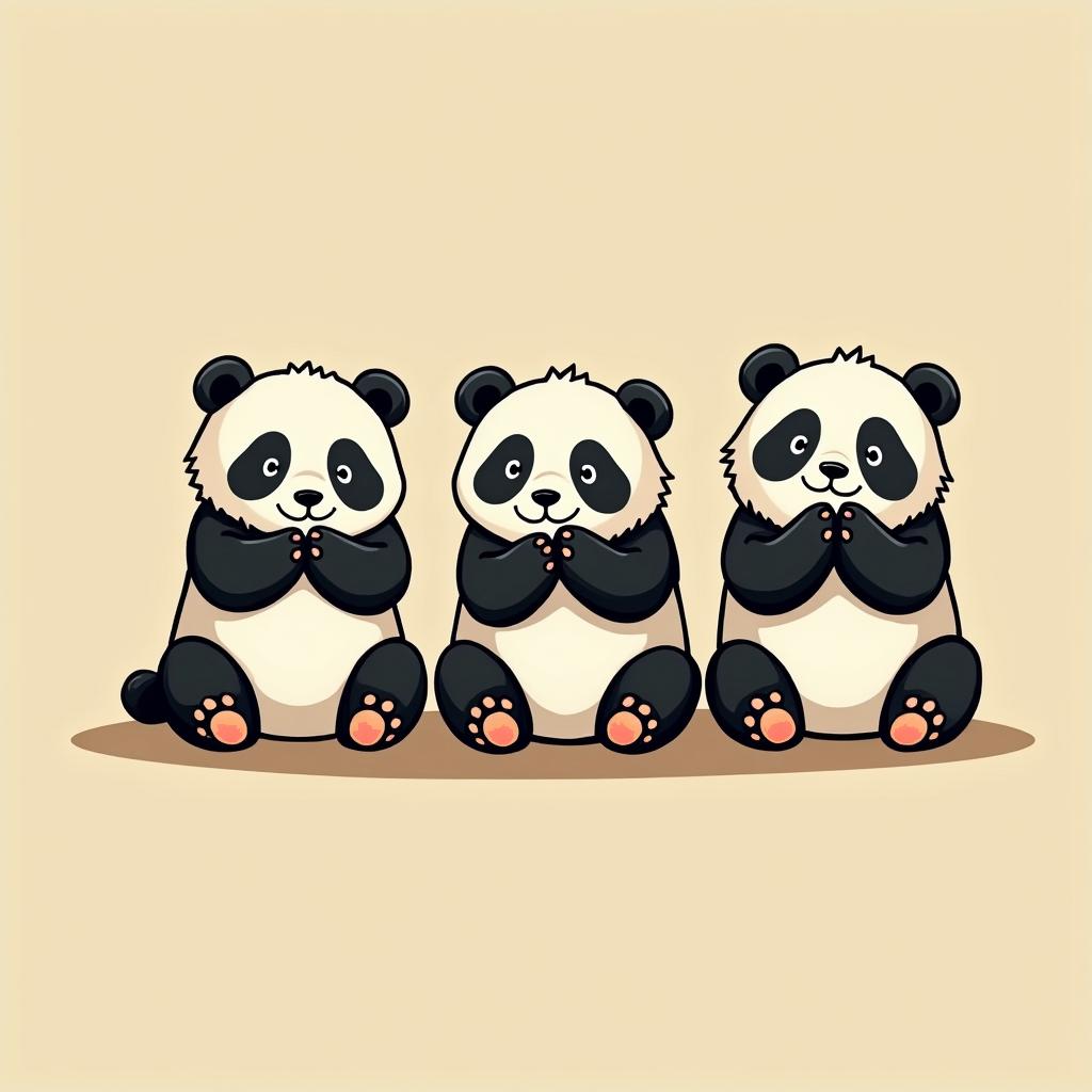 "A cartoon-style black and white tattoo design of three adorable pandas sitting side by side, each striking a different pose to represent 'hear no evil, see no evil, speak no evil': one panda playfully covering its ears, one covering its eyes, and one covering its mouth. The design should be cute, simple, and clean, with rounded features and expressive facesGhibli, Studio Ghibli aesthetic, hand-drawn anime style, retro nostalgic atmosphere, retro soft pastel color palette with earthy tones, retro Japanese cinematic shot, yellow tint effect, bald character, smooth surface, anime shadow 90's anime style - Variation 4