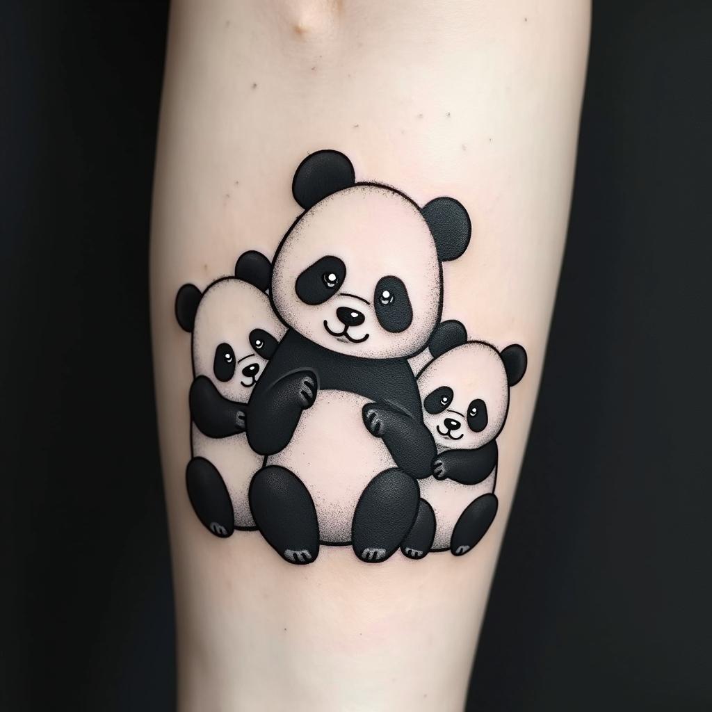 "A cartoon-style black and white tattoo design of three adorable pandas sitting side by side, each striking a different pose to represent 'hear no evil, see no evil, speak no evil': one panda playfully covering its ears, one covering its eyes, and one covering its mouth. The design should be cute, simple, and clean, with rounded features and expressive faceshigly detailed tattoo - Variation 3