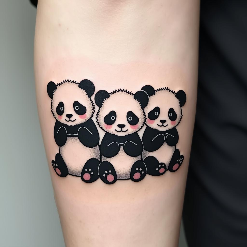 "A cartoon-style black and white tattoo design of three adorable pandas sitting side by side, each striking a different pose to represent 'hear no evil, see no evil, speak no evil': one panda playfully covering its ears, one covering its eyes, and one covering its mouth. The design should be cute, simple, and clean, with rounded features and expressive faceshigly detailed tattoo - Variation 2