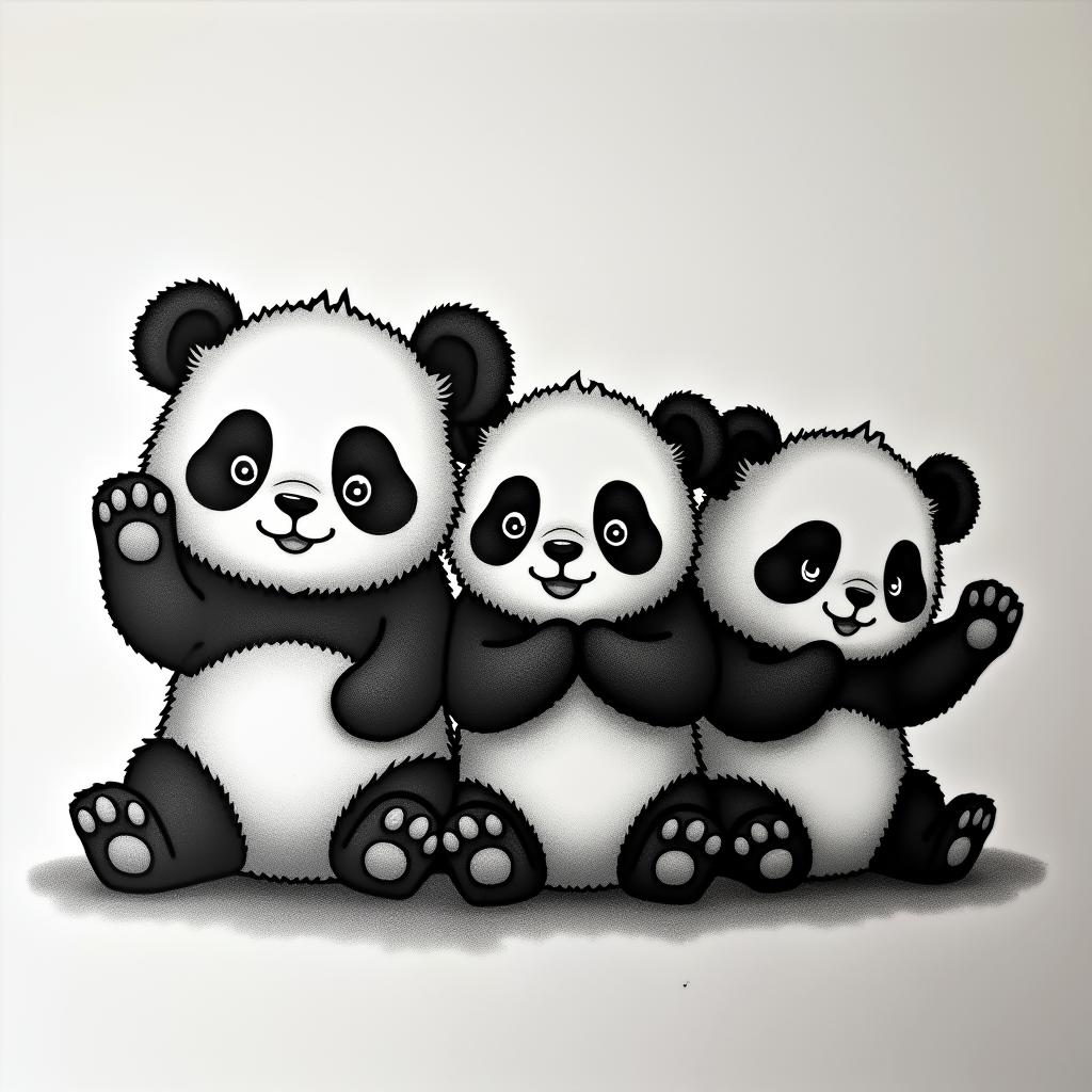 "A cartoon-style black and white tattoo design of three adorable pandas sitting side by side, each striking a different pose to represent 'hear no evil, see no evil, speak no evil': one panda playfully covering its ears, one covering its eyes, and one covering its mouth. The design should be cute, simple, and clean, with rounded features and expressive faceshigly detailed tattoo - Variation 4