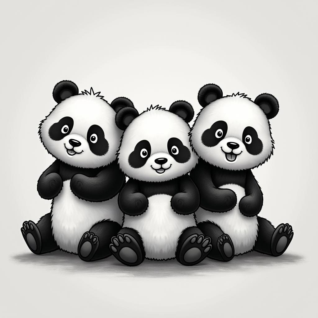 "A cartoon-style black and white tattoo design of three adorable pandas sitting side by side, each striking a different pose to represent 'hear no evil, see no evil, speak no evil': one panda playfully covering its ears, one covering its eyes, and one covering its mouth. The design should be cute, simple, and clean, with rounded features and expressive faceshigly detailed tattoo