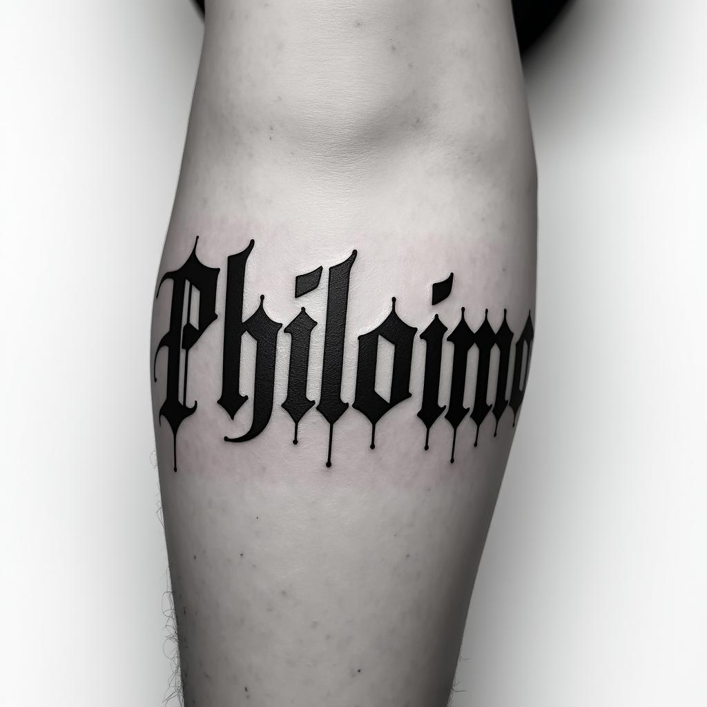 The word Philotimo stretched across the inner forearmtext-based tattoo, gothic font ultra-realistic, perfectly placed, high-quality font design, photo-realistic shading, 8k, high quality, finely detailed typography - Variation 4