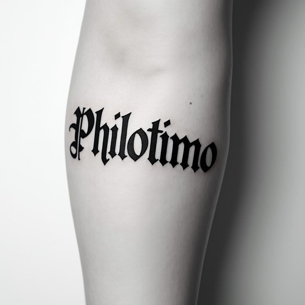 The word Philotimo stretched across the inner forearmtext-based tattoo, gothic font ultra-realistic, perfectly placed, high-quality font design, photo-realistic shading, 8k, high quality, finely detailed typography