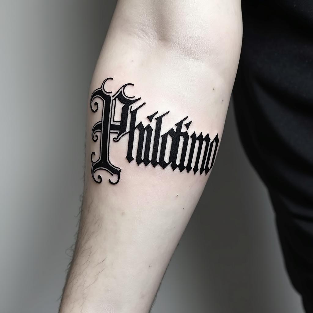 The word Philotimo stretched across the inner forearmtext-based tattoo, gothic font ultra-realistic, perfectly placed, high-quality font design, photo-realistic shading, 8k, high quality, finely detailed typography - Variation 3