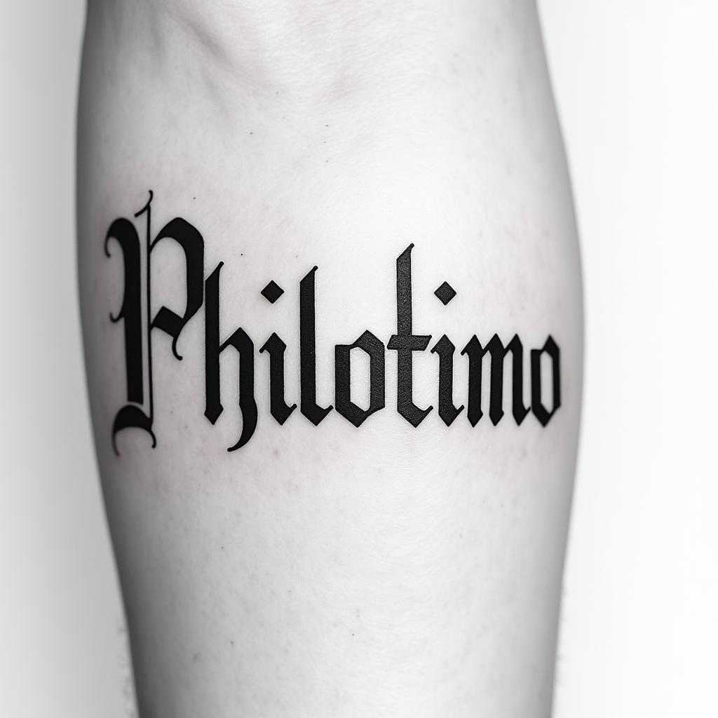 The word Philotimo stretched across the inner forearmtext-based tattoo, gothic font ultra-realistic, perfectly placed, high-quality font design, photo-realistic shading, 8k, high quality, finely detailed typography - Variation 2