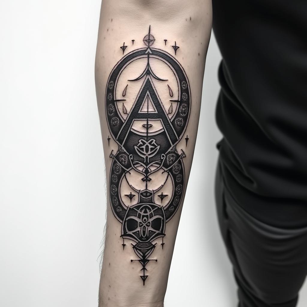 On the forearm; an infinity symbol is engraved on Breaking the Habit;in paganic style tattoo, featuring ancient symbols, add vegvisir symbol, mystical figures, incorporating designs, pentagrams, runes, crescent moons, - Variation 2