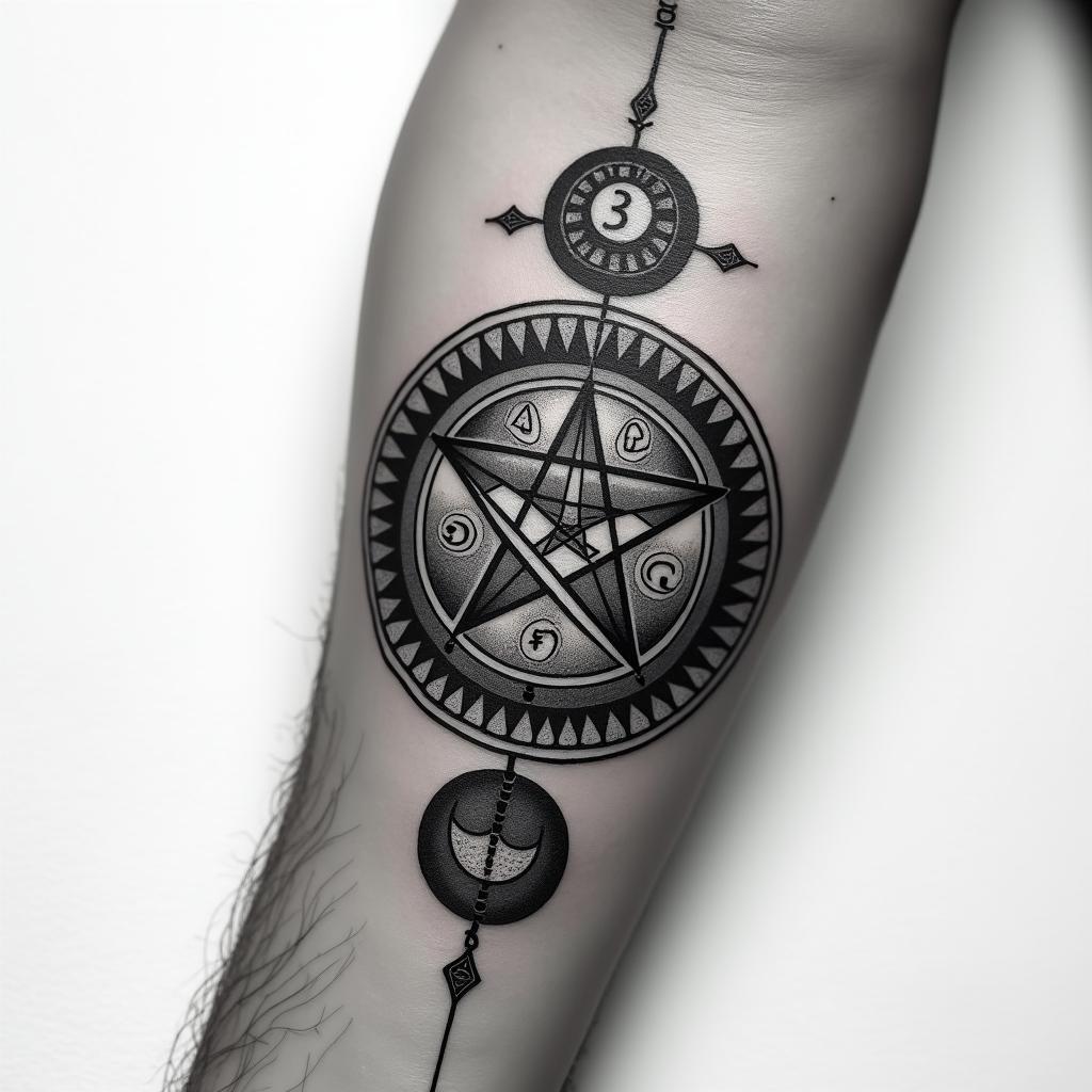 On the forearm; an infinity symbol is engraved on Breaking the Habit;in paganic style tattoo, featuring ancient symbols, add vegvisir symbol, mystical figures, incorporating designs, pentagrams, runes, crescent moons,