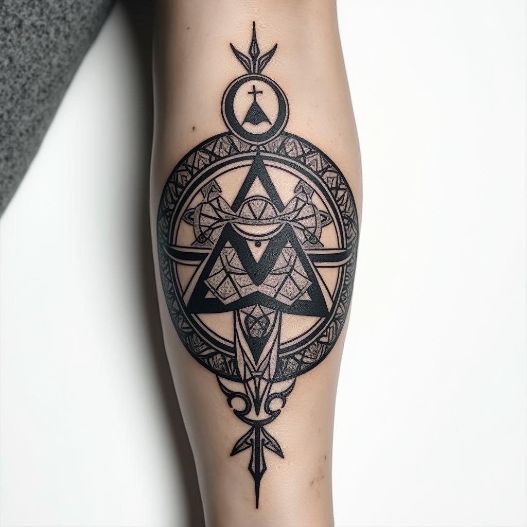 On the forearm; an infinity symbol is engraved on Breaking the Habit;in paganic style tattoo, featuring ancient symbols, add vegvisir symbol, mystical figures, incorporating designs, pentagrams, runes, crescent moons, - Variation 4