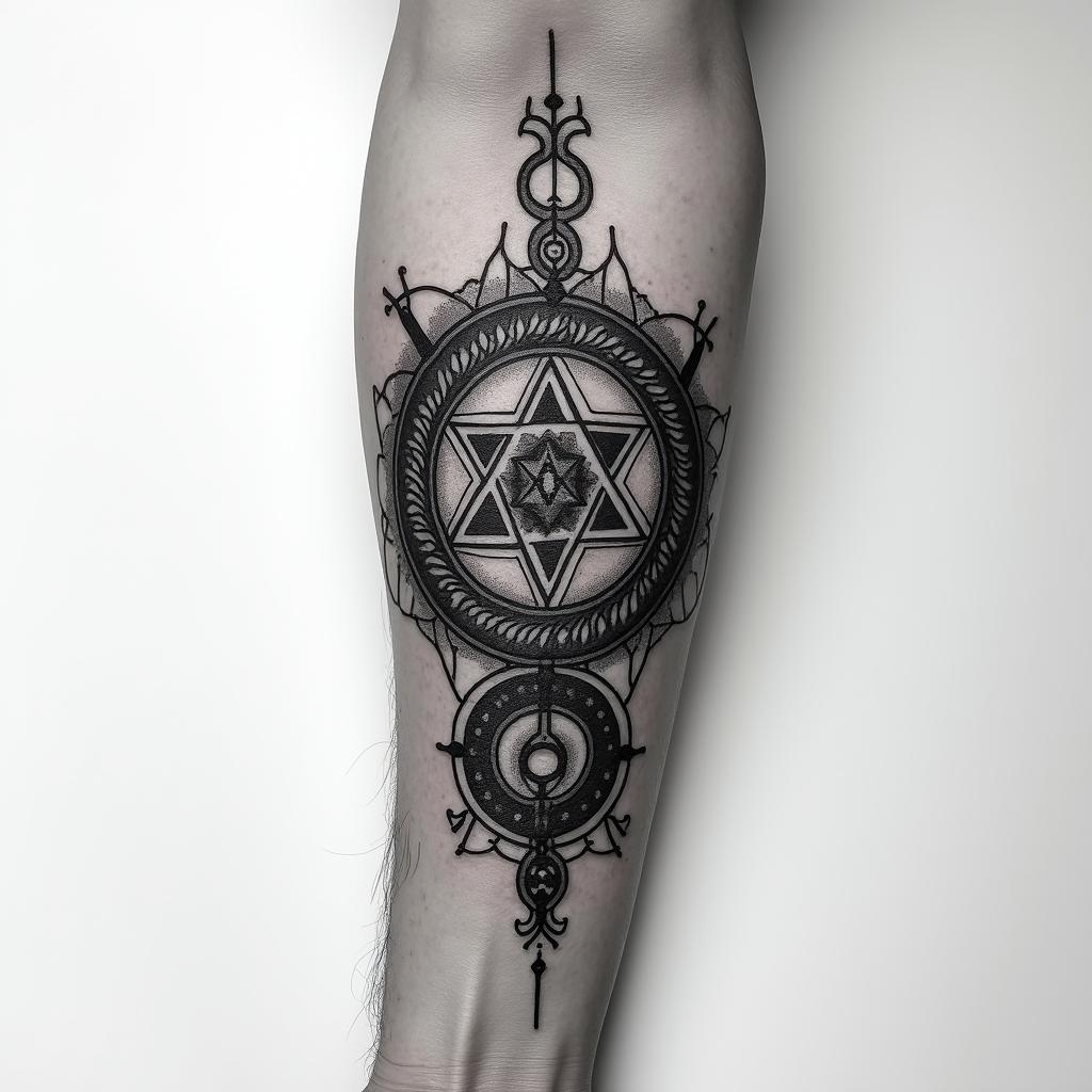 On the forearm; an infinity symbol is engraved on Breaking the Habit;in paganic style tattoo, featuring ancient symbols, add vegvisir symbol, mystical figures, incorporating designs, pentagrams, runes, crescent moons, - Variation 3