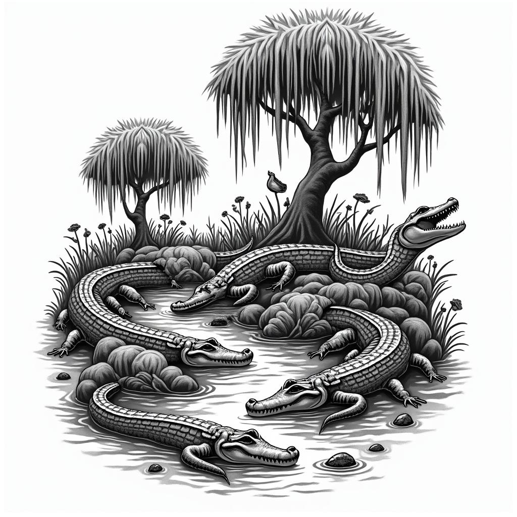 A black ink tattoo design featuring a dynamic swamp scene with alligators, snakes, and frogs, alongside cypress trees and hanging moss. The composition reflects resilience and growth, incorporating both illustrative and detailed line work to create a cohesive and intricate collage of swamp elements.higly detailed tattoo - Variation 4