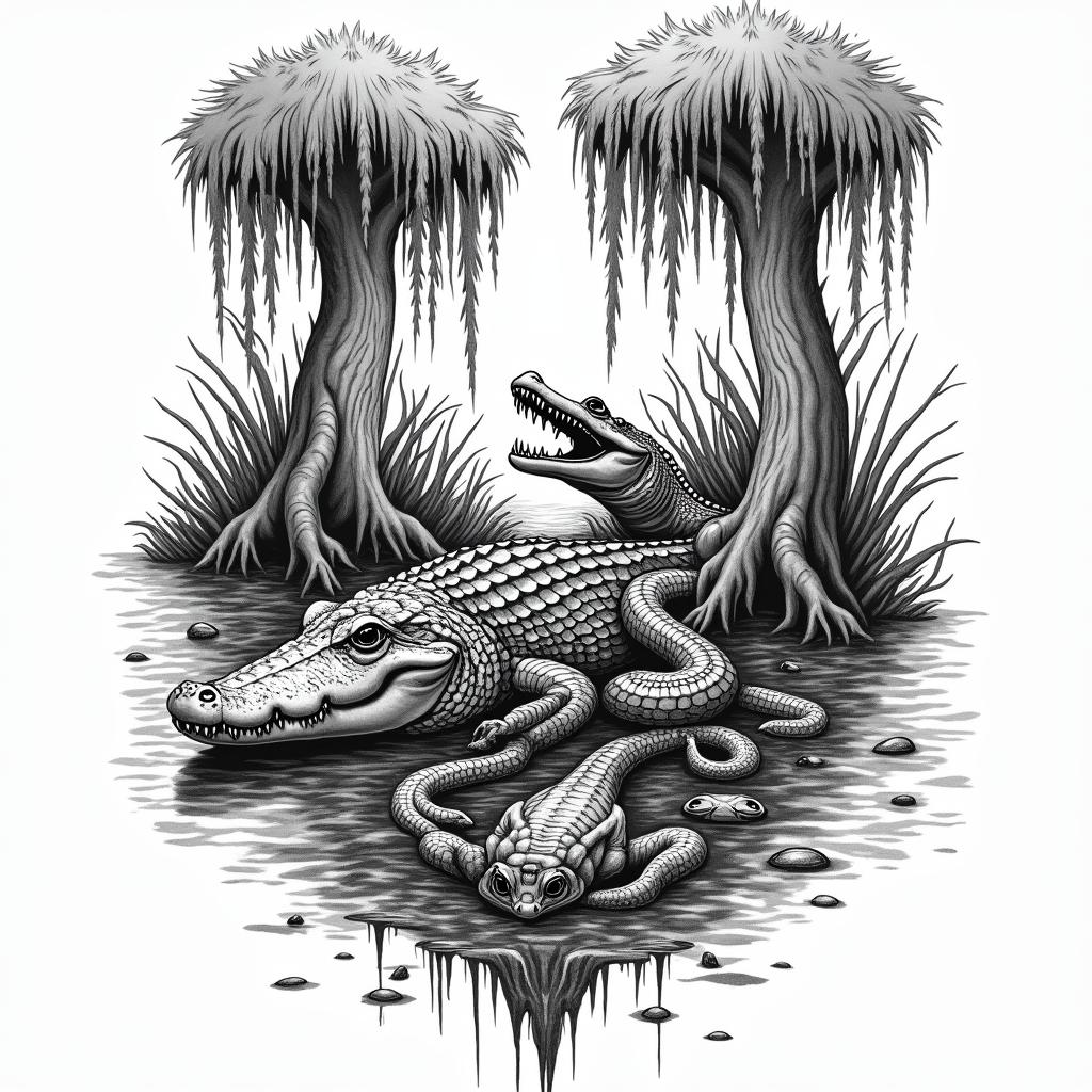 A black ink tattoo design featuring a dynamic swamp scene with alligators, snakes, and frogs, alongside cypress trees and hanging moss. The composition reflects resilience and growth, incorporating both illustrative and detailed line work to create a cohesive and intricate collage of swamp elements.higly detailed tattoo - Variation 3
