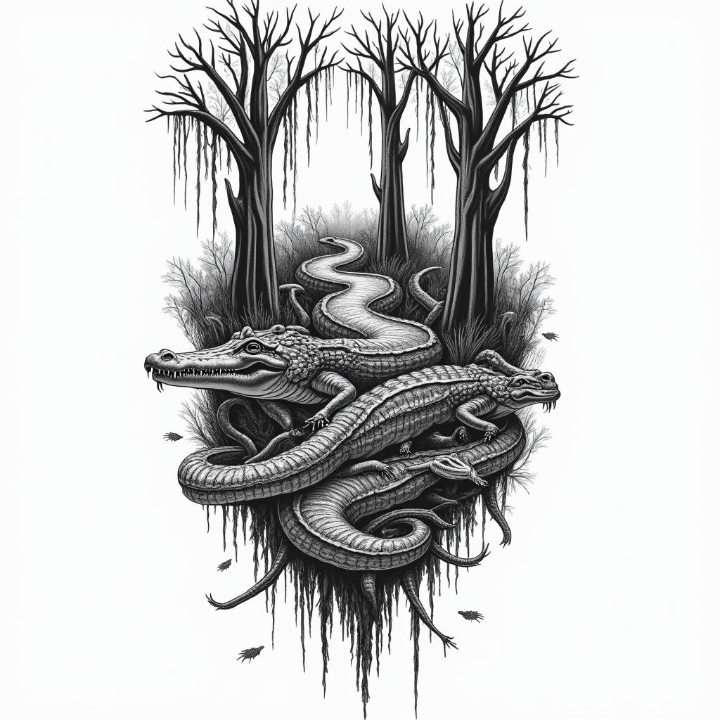 A black ink tattoo design featuring a dynamic swamp scene with alligators, snakes, and frogs, alongside cypress trees and hanging moss. The composition reflects resilience and growth, incorporating both illustrative and detailed line work to create a cohesive and intricate collage of swamp elements.higly detailed tattoo