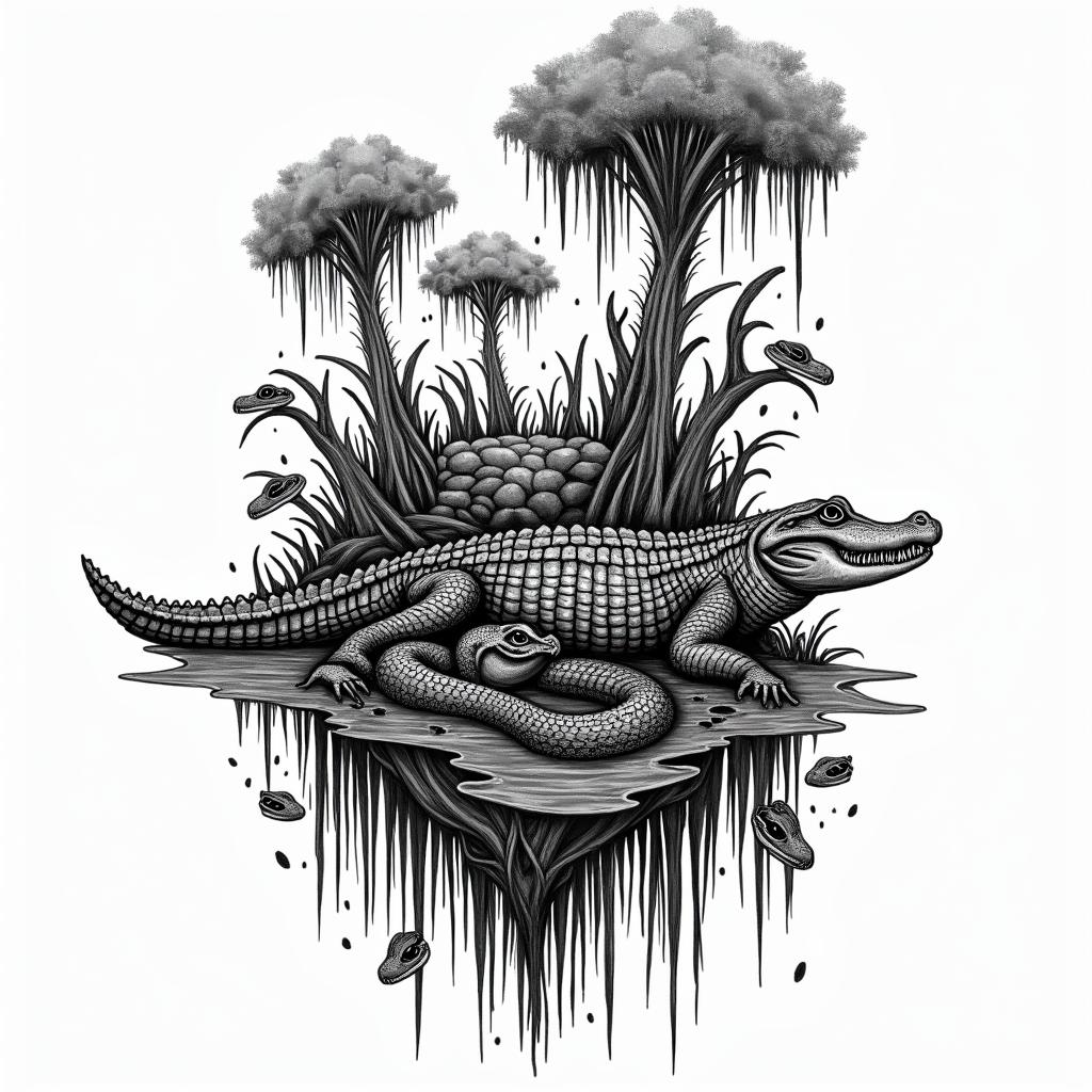 A black ink tattoo design featuring a dynamic swamp scene with alligators, snakes, and frogs, alongside cypress trees and hanging moss. The composition reflects resilience and growth, incorporating both illustrative and detailed line work to create a cohesive and intricate collage of swamp elements.higly detailed tattoo - Variation 2
