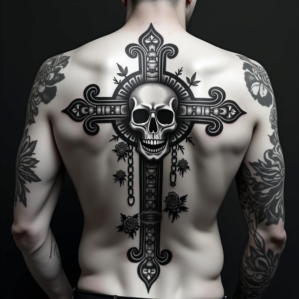 Resilience and the awakening of my abilitiesin chicano style tattoo, featuring intricate black and grey shading, bold elements of traditional chicano culture symbols, add a big cross with skull, chains and roses - Variation 2