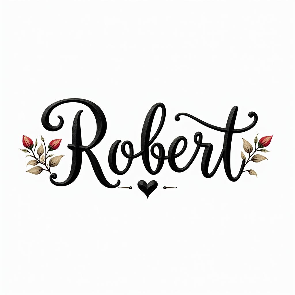 Robertin elegant cursive calligraphy style 2d tattoo, decorate with roses, featuring a smooth and flowing handwritten script with slightly thickened strokes for a luxurious and bold appearance,  heart symbol between names,  sleek and glossy black text with shadowing, minimalist matte white background, clean and sharp edges, illuminated with soft lighting, romantic, 8k, high-quality textures with refined typography - Variation 6