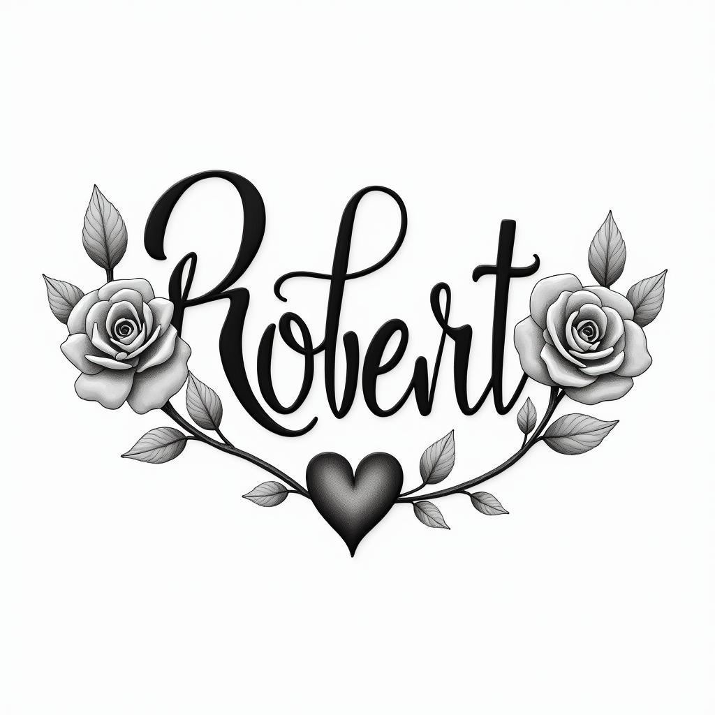 Robertin elegant cursive calligraphy style 2d tattoo, decorate with roses, featuring a smooth and flowing handwritten script with slightly thickened strokes for a luxurious and bold appearance,  heart symbol between names,  sleek and glossy black text with shadowing, minimalist matte white background, clean and sharp edges, illuminated with soft lighting, romantic, 8k, high-quality textures with refined typography - Variation 7