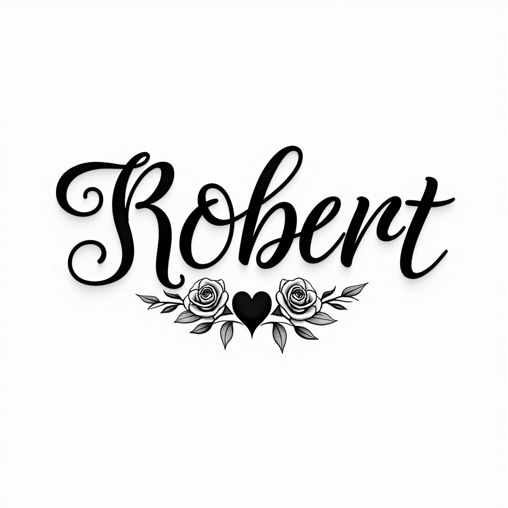 Robertin elegant cursive calligraphy style 2d tattoo, decorate with roses, featuring a smooth and flowing handwritten script with slightly thickened strokes for a luxurious and bold appearance,  heart symbol between names,  sleek and glossy black text with shadowing, minimalist matte white background, clean and sharp edges, illuminated with soft lighting, romantic, 8k, high-quality textures with refined typography - Variation 5