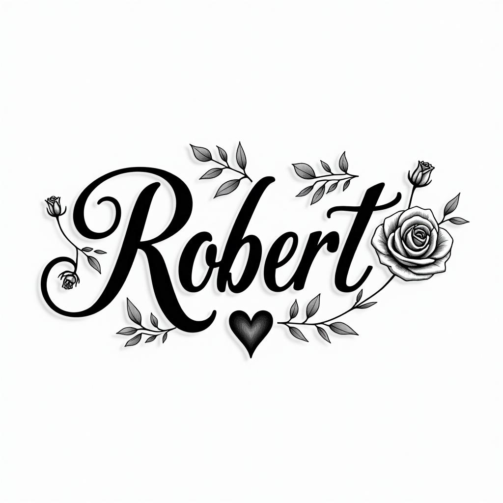 Robertin elegant cursive calligraphy style 2d tattoo, decorate with roses, featuring a smooth and flowing handwritten script with slightly thickened strokes for a luxurious and bold appearance,  heart symbol between names,  sleek and glossy black text with shadowing, minimalist matte white background, clean and sharp edges, illuminated with soft lighting, romantic, 8k, high-quality textures with refined typography - Variation 8
